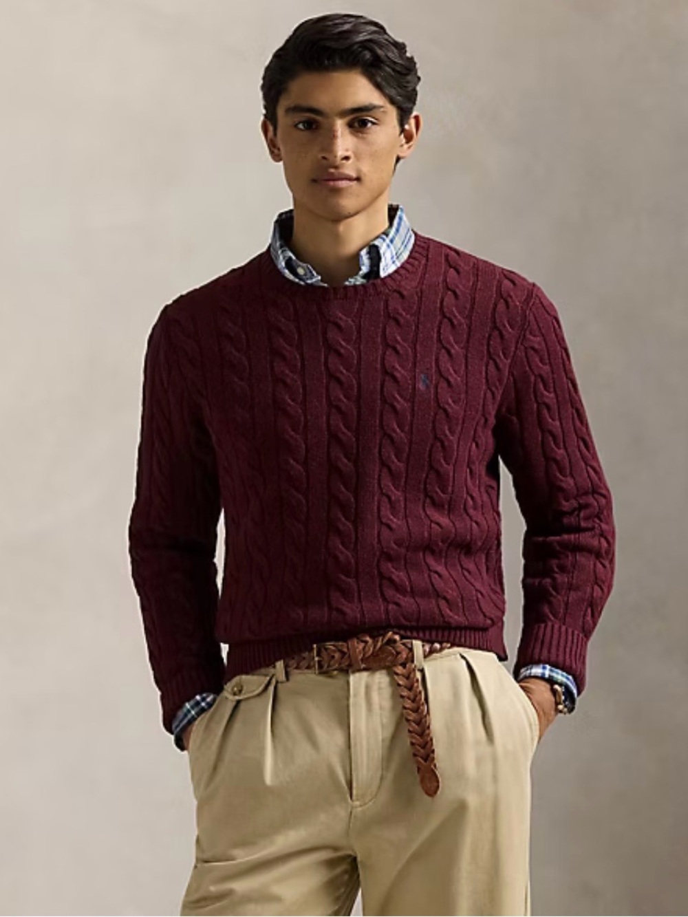 Polo Ralph Lauren Men’s XXL Cable Knit Sweater Burgundy Red Cotton Crew Neck NWT